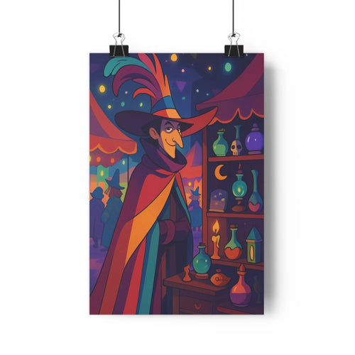 Poster féminin manteau coloré casquette plume étagère flacons liquides multicolore fond sombre étoiles bleu rouge vert moderne graphique ombres douces
