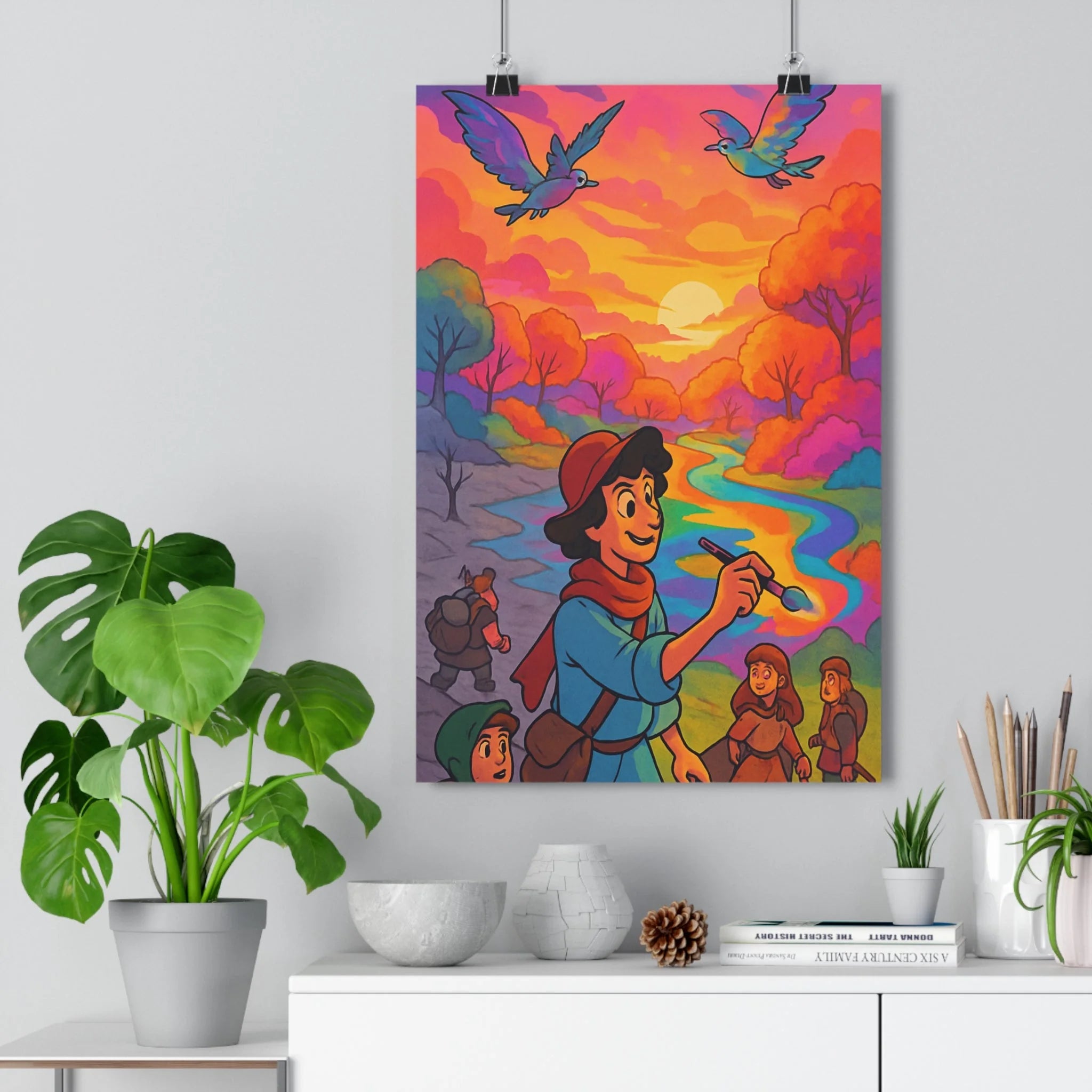Poster décoratif aventure coloré vibrant salon chambre dessin animé paysage joyeux rivière ciel arbre