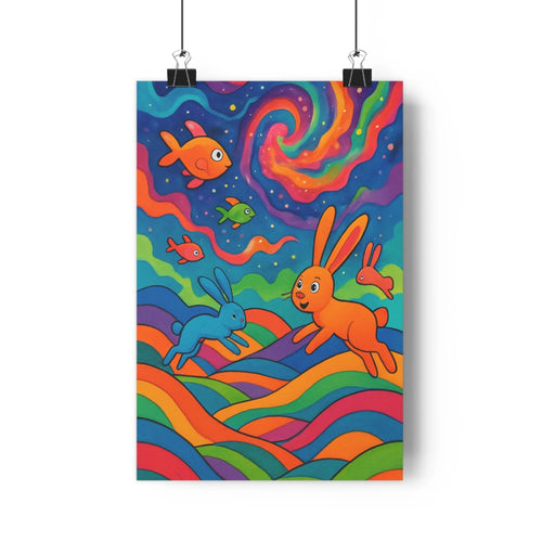 Poster sautillants lapins bleu orange poissons ciel étoilé ondulations colorées ambiance joyeuse style moderne enfantin nuances vives chambre salon fantastique