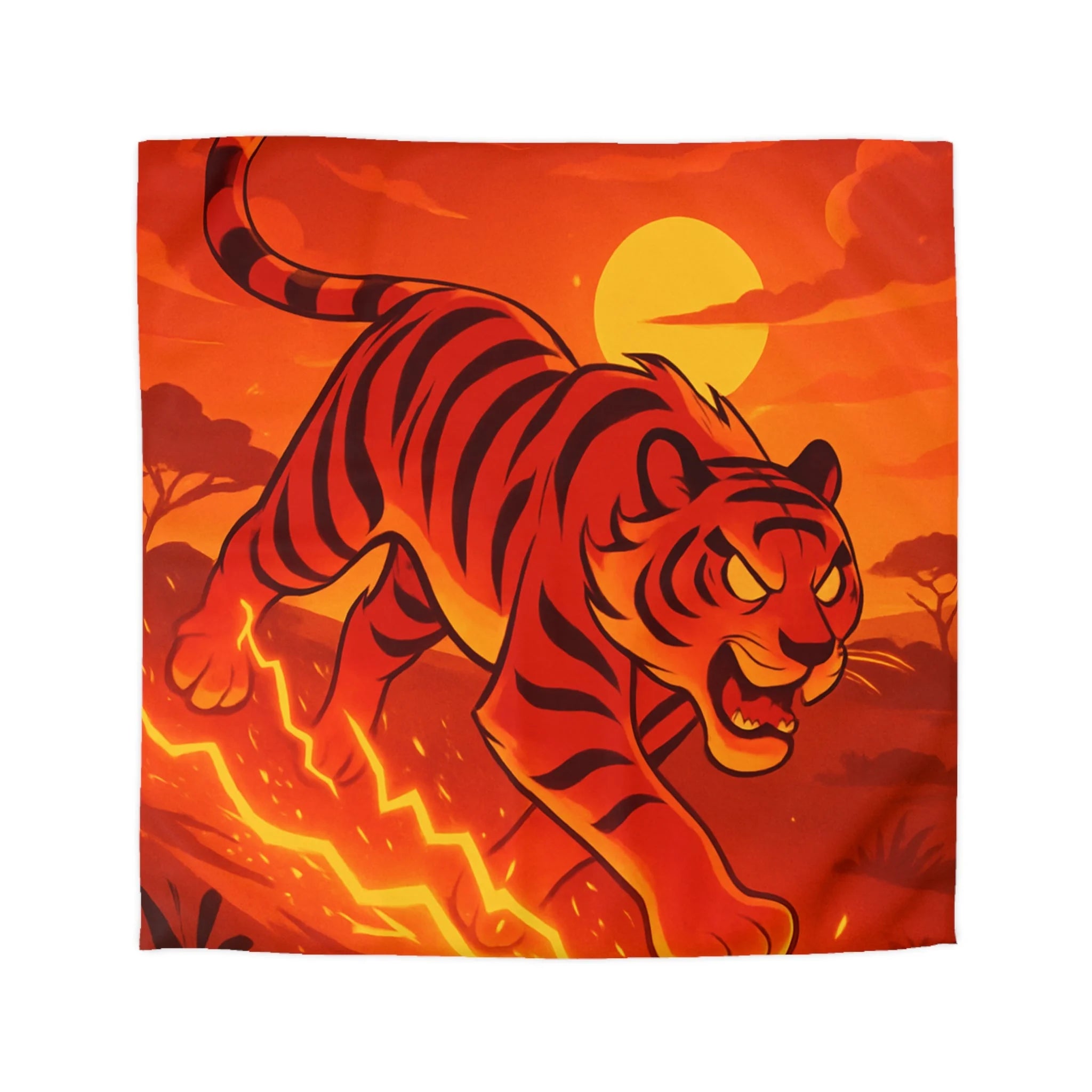 Housse de couette tigre dynamique avec coucher de soleil flamboyant en arrière-plan vibrant