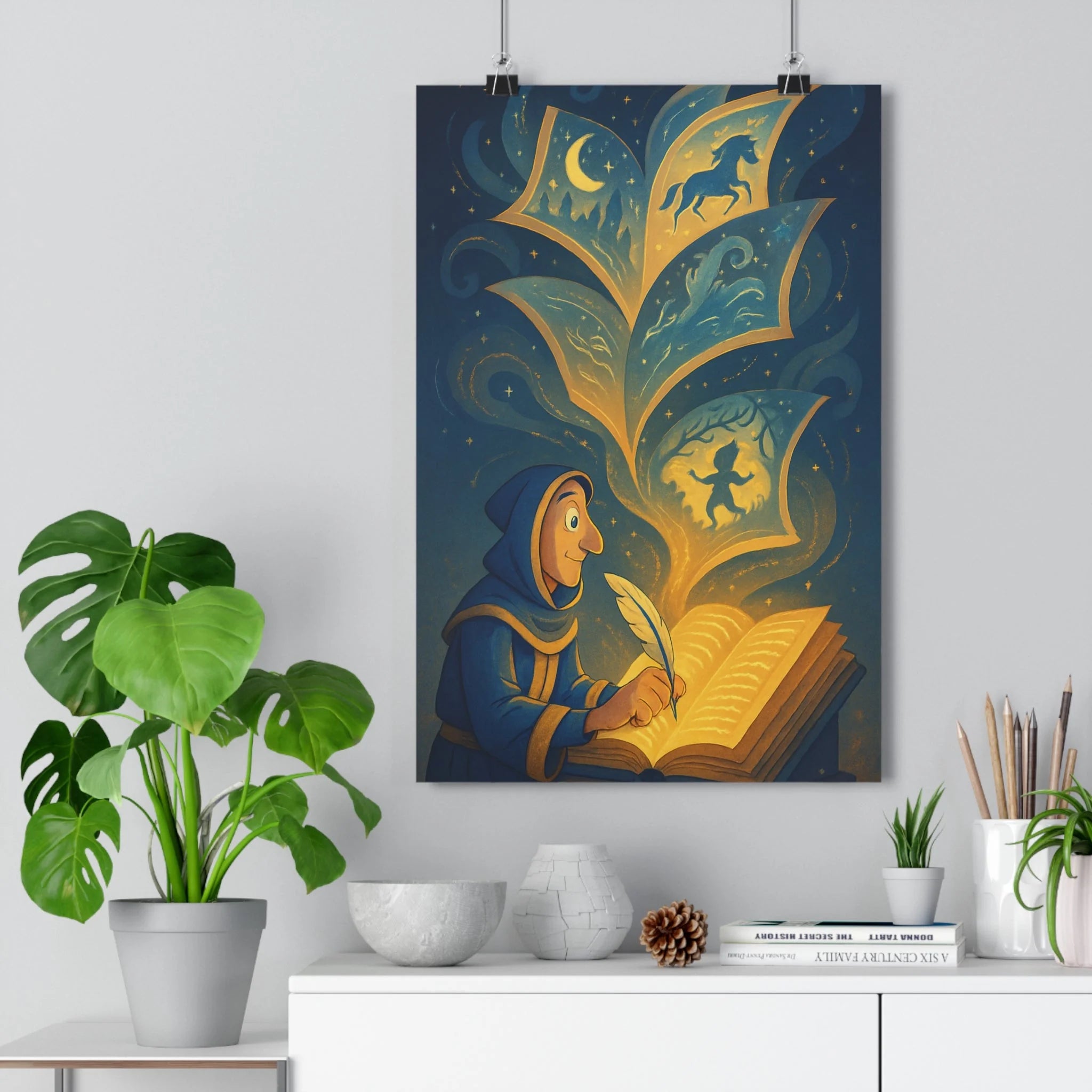 Poster décoratif mystique bleu or fantasy classique moderne chambre bureau ambiance magique lumineux scribe