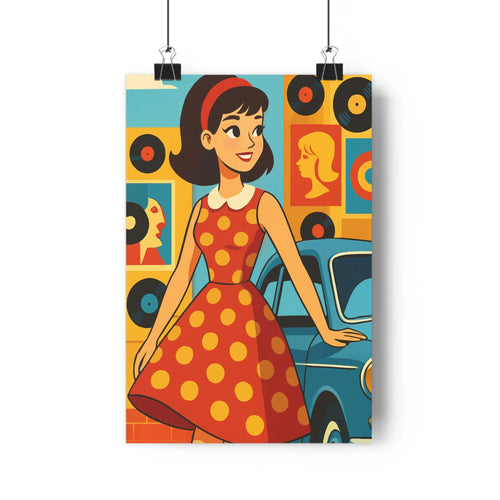 Poster femme voiture bleue robe rouge pois jaunes vinyles visages contours nets couleurs saturées ambiance rétro joyeuse