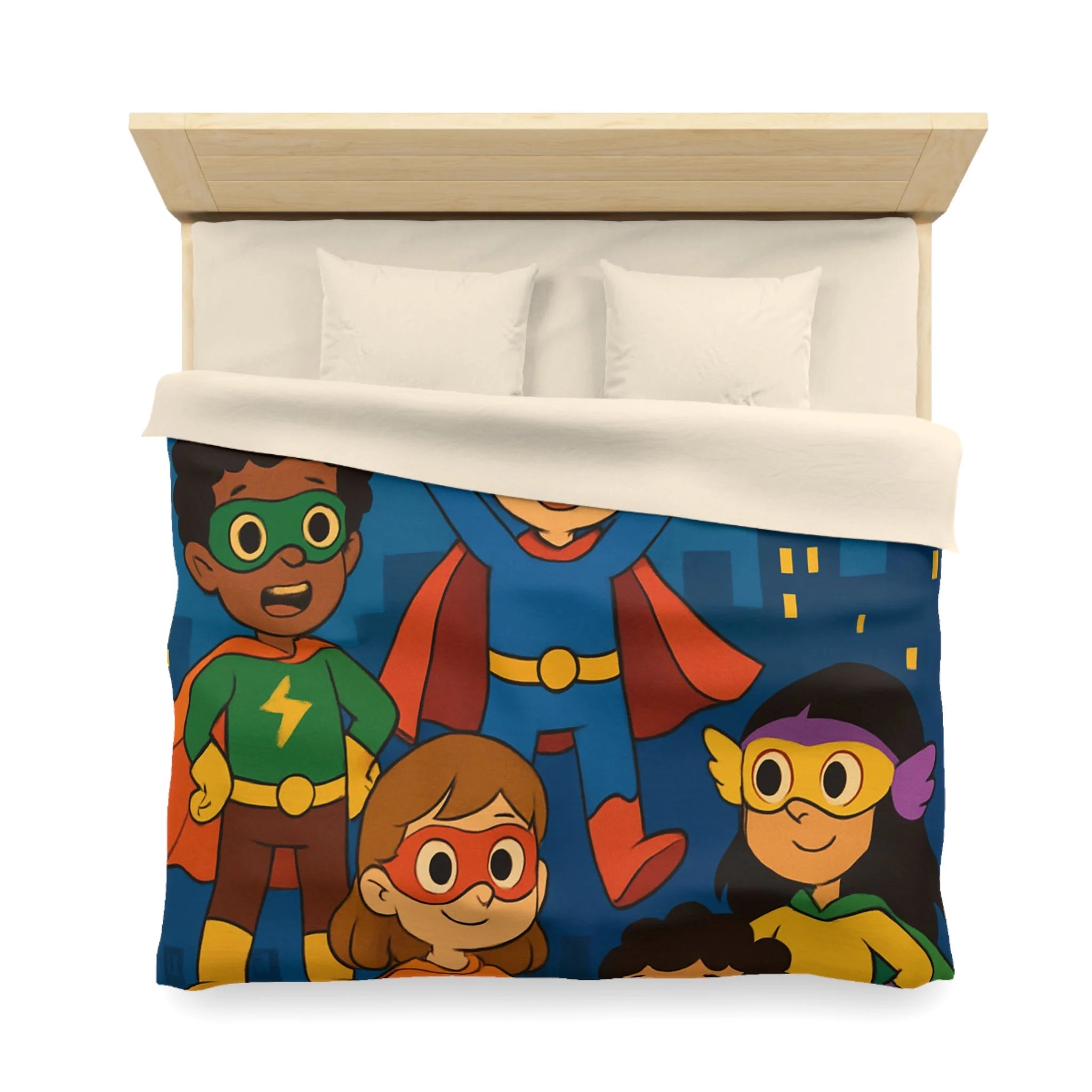 Super-héros Enfants Volant Nuit Ciel Étoilé Ville Amis Confiants Housse de Couette Colorée