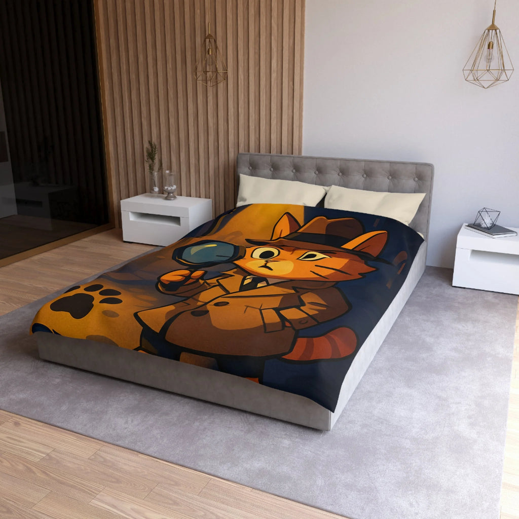 Housse de couette motif chat détective illustré avec lampe et empreinte mystérieuse