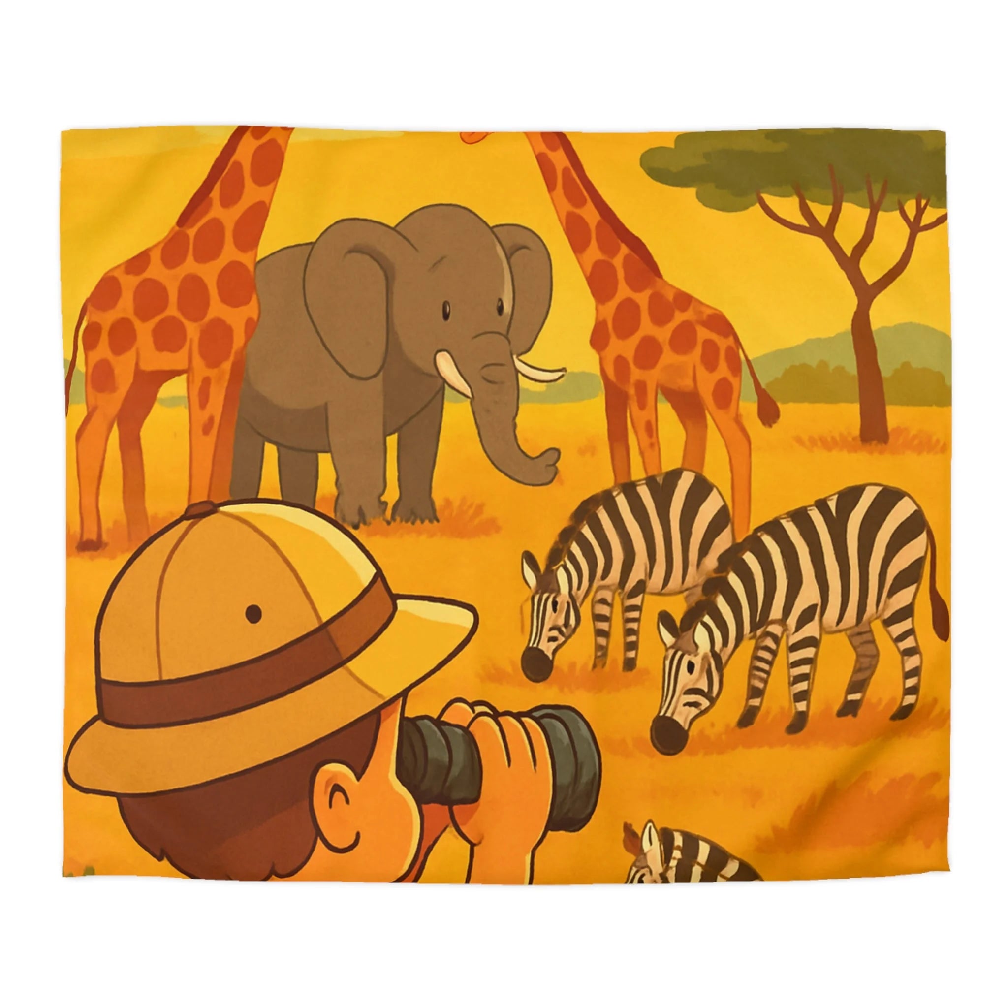 Housse de couette safari enfant avec éléphant, girafes et zèbres dans savane ensoleillée