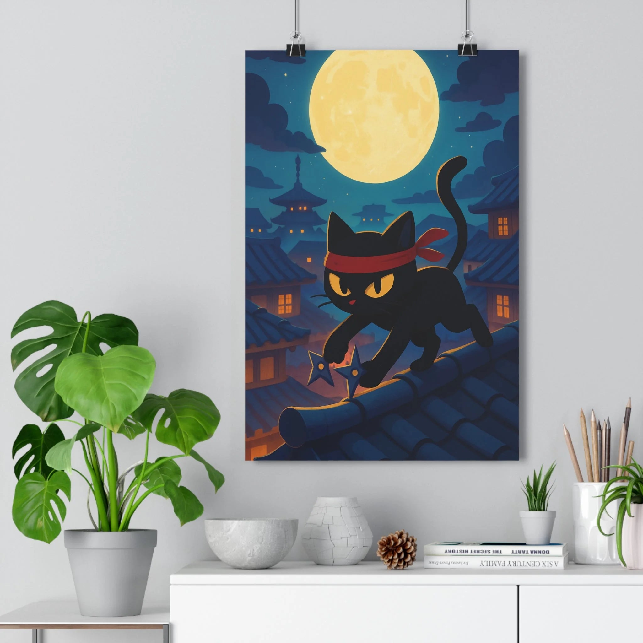 Poster décoratif chat noir rouge mystique nocturne japonais chambre bureau art mur décoration qualité