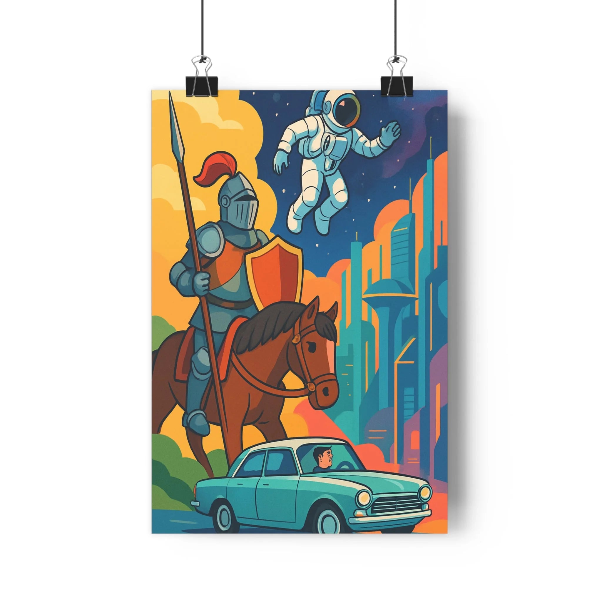 Poster décoratif chevalier astronaute voiture ancienne ville futuriste bleu orange vert aventure salon qualité