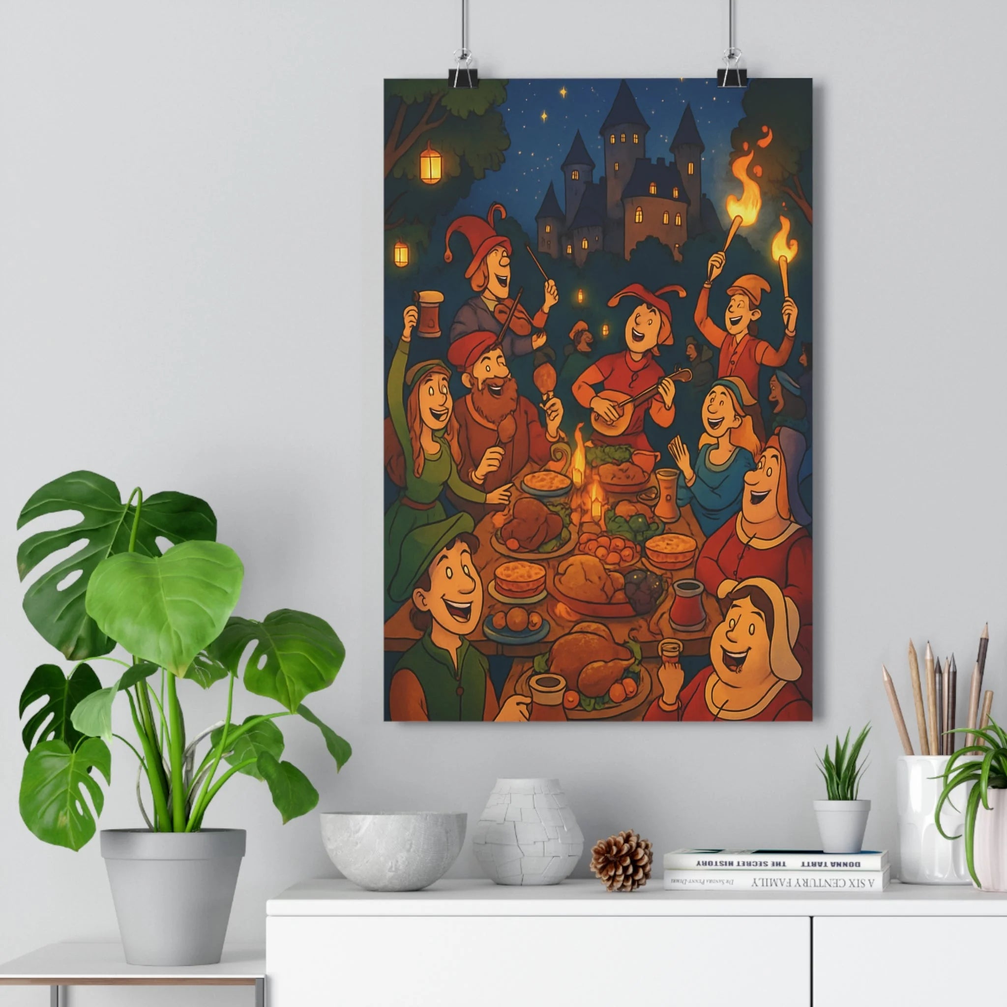 Poster décoratif médiéval festif doré rouge vert aventure salon chambre château personnages extérieur étoilé