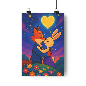 Poster romantique renard lapin étoiles nuit grand cœur fleurs colorées cartoon contours nets couleurs vives chambre salon douceur tendresse