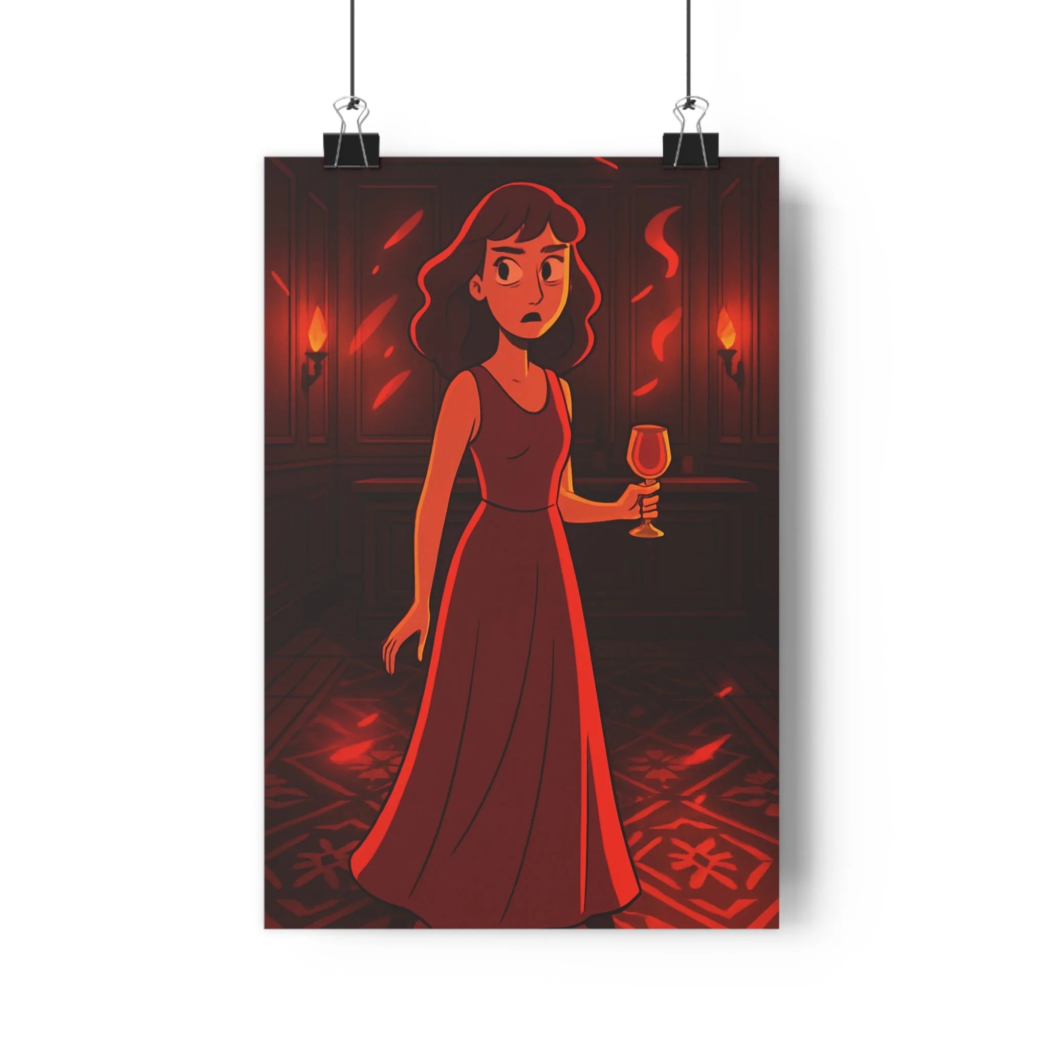 Poster décoratif rouge cartoon femme mystérieux ambiance sombre salon intrigue lumière élégance design stylish