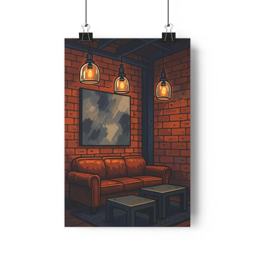 Poster intérieur confortable canapé cuir marron lampes suspendues lumière dorée ambiance rustique briques rouges tableau abstrait gris bleu tables basses