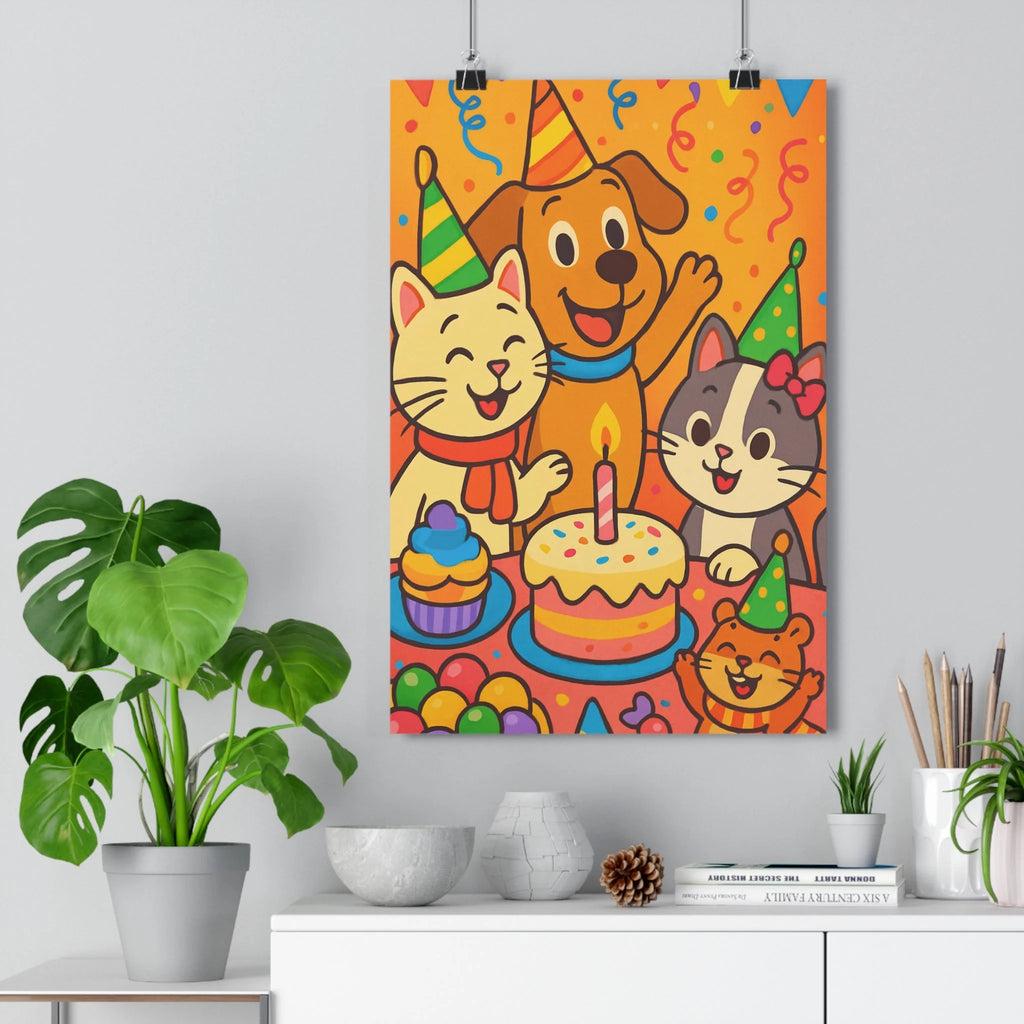 Poster décoratif joyeux cartoon enfant animaux chien chat hamster couleurs vives ambiance festive chambre
