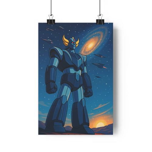 Poster robot géant bleu doré nuit étoiles galaxie météores montagnes soleil couchant ambiance fantastique chambre salon