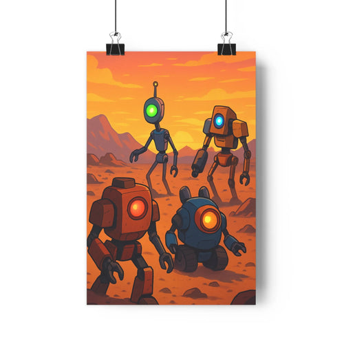 Poster décoratif robot sciencefiction désertique orange rouge coucher soleil salon bureau coloré futuriste captivant
