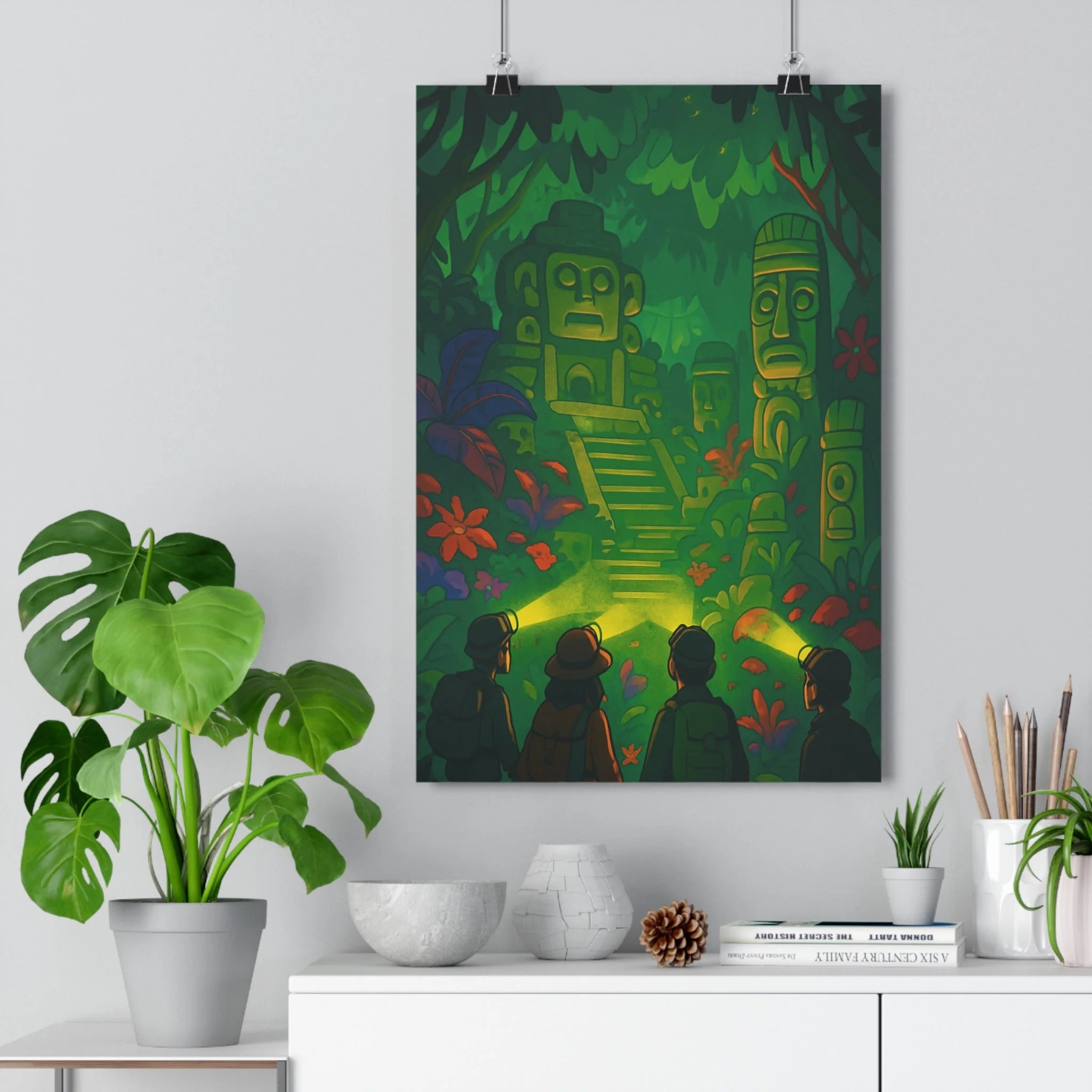 Poster décoratif aventure vert jaune mystique exploration jungle salon bureau ambiance captivante format qualité