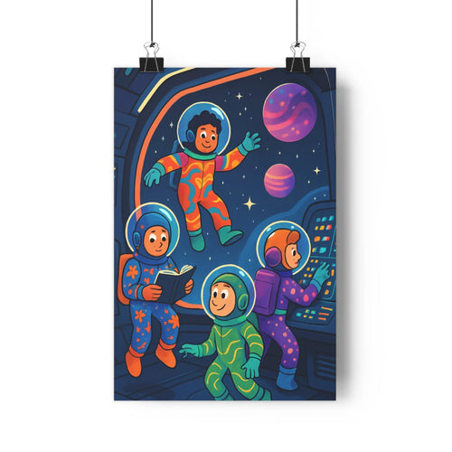 Poster astronautes vaisseau spatial planètes colorées exploration spatiale ambiance ludique moderne contours nets couleurs saturées chambre salon