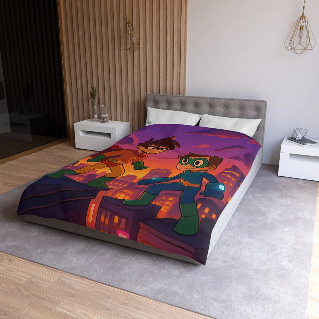 Housse de couette pour enfants avec deux jeunes super-héros au coucher du soleil