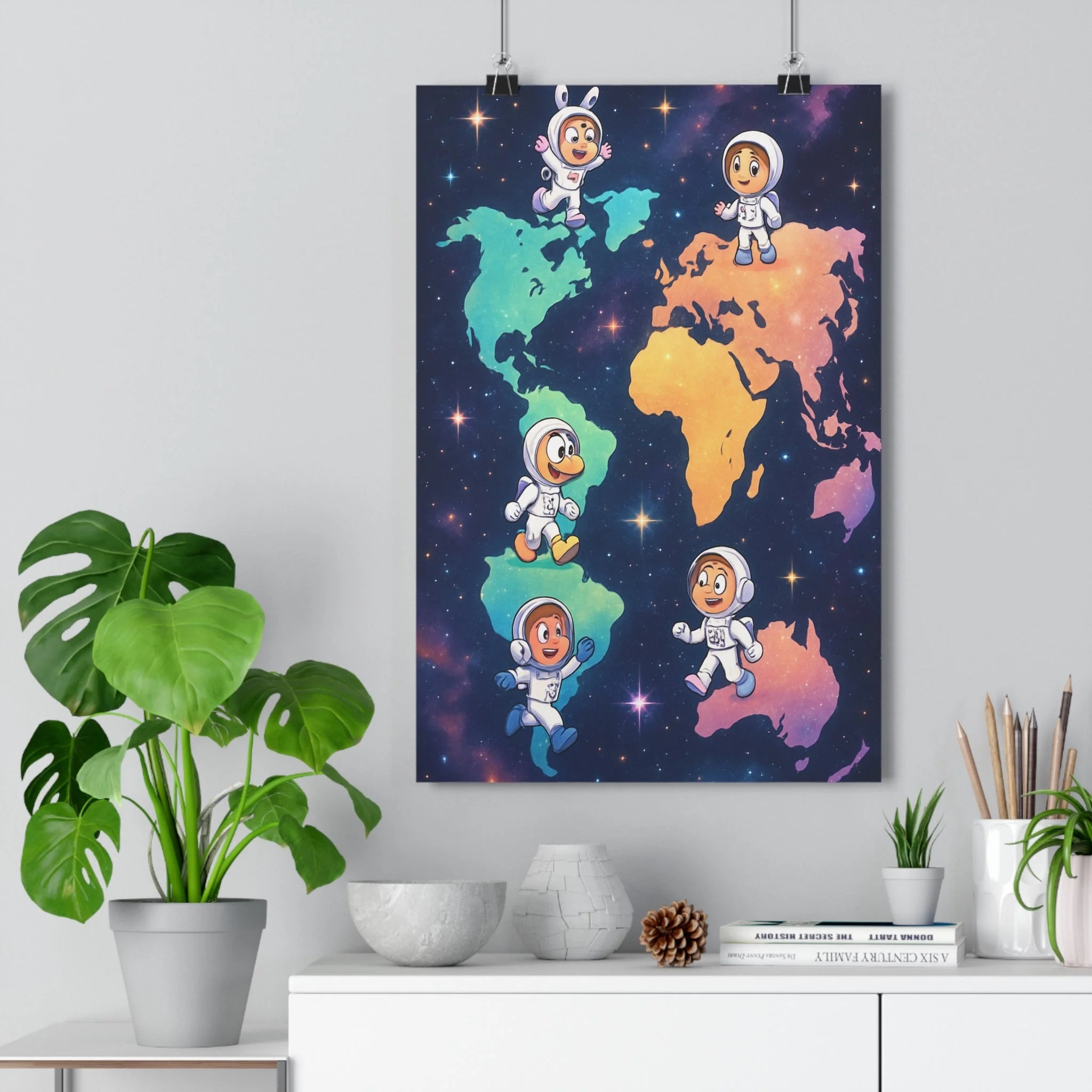 Poster décoratif dessin animé vert orange rose futuriste aventure enfant chambre bureau 30x46 cm