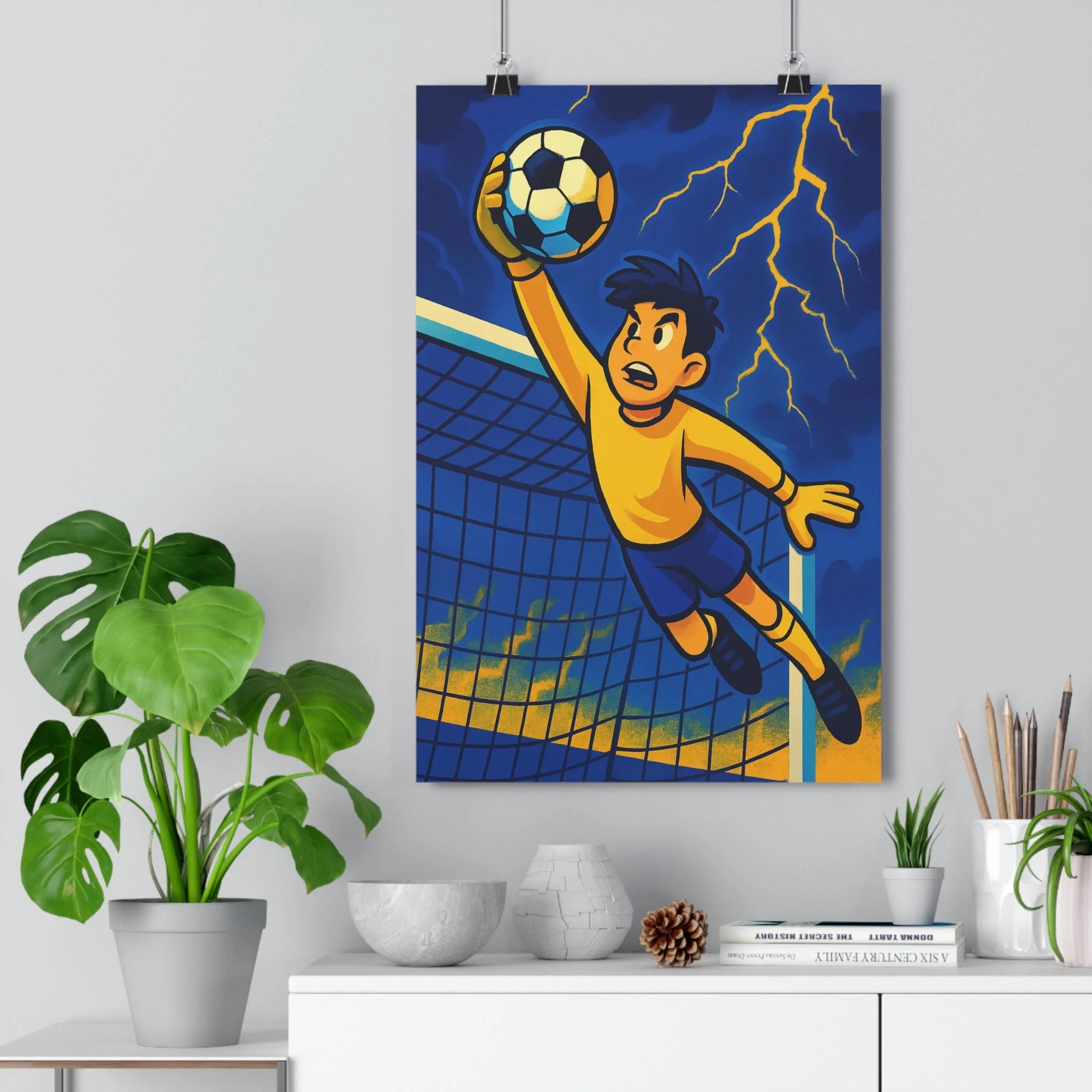 Poster décoratif héroïque jaune bleu dynamique chambre salon enfant sport action énergie éclairs qualité