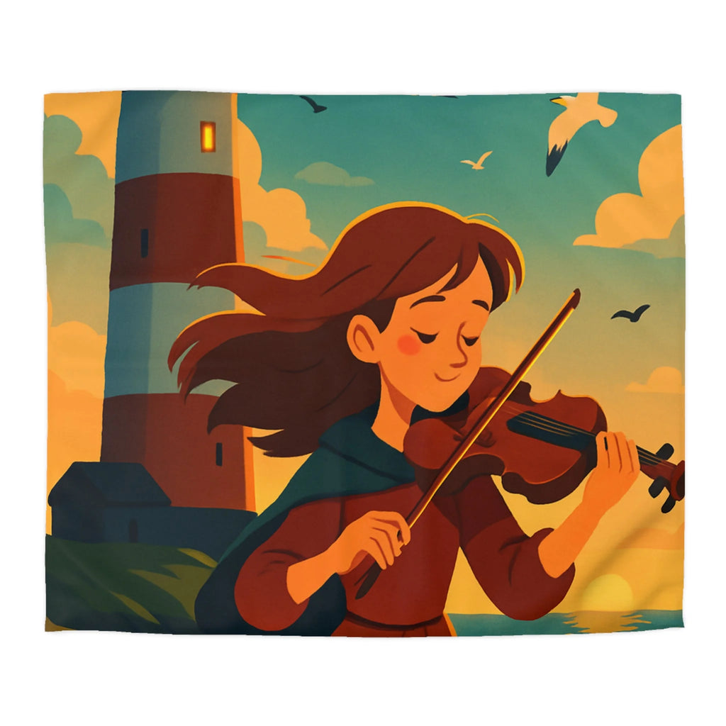 Housse de Couette Unique avec Fille Jouant du Violon Devant un Phare au Crépuscule