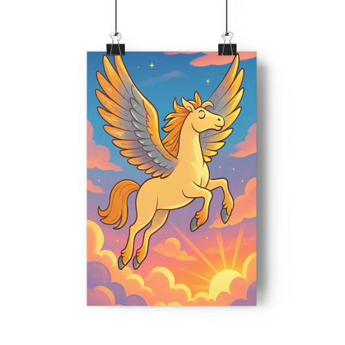 Poster cheval ailé nuages roses violets ciel bleu étoiles soleil levant contours nets couleurs vives ambiance lumineuse fantastique chambre enfant