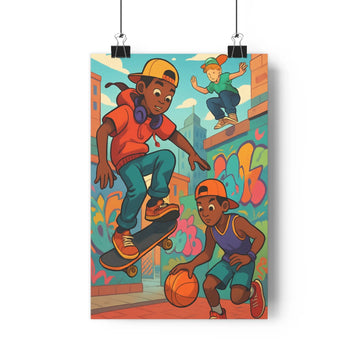 Poster dynamique skateboys basket graffiti urbain énergique couleur vives cartoon contours nets joie enthousiasme chambre salon