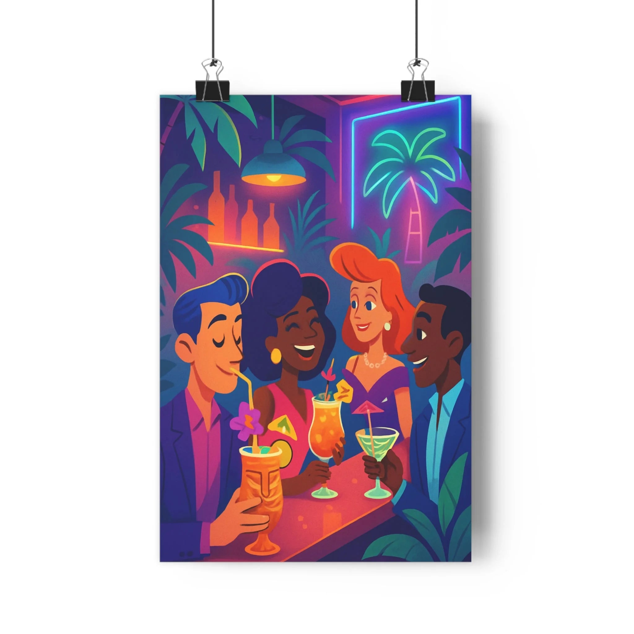 Poster décoratif cartoon tropical bleu violet orange salon chambre joyeux exotique ambiance néons palmiers