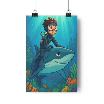 Poster plongeur requin bleu océan profond algues colorées lumière solaire ambiance lumineuse cartoon styles vifs chambre enfants fantastique