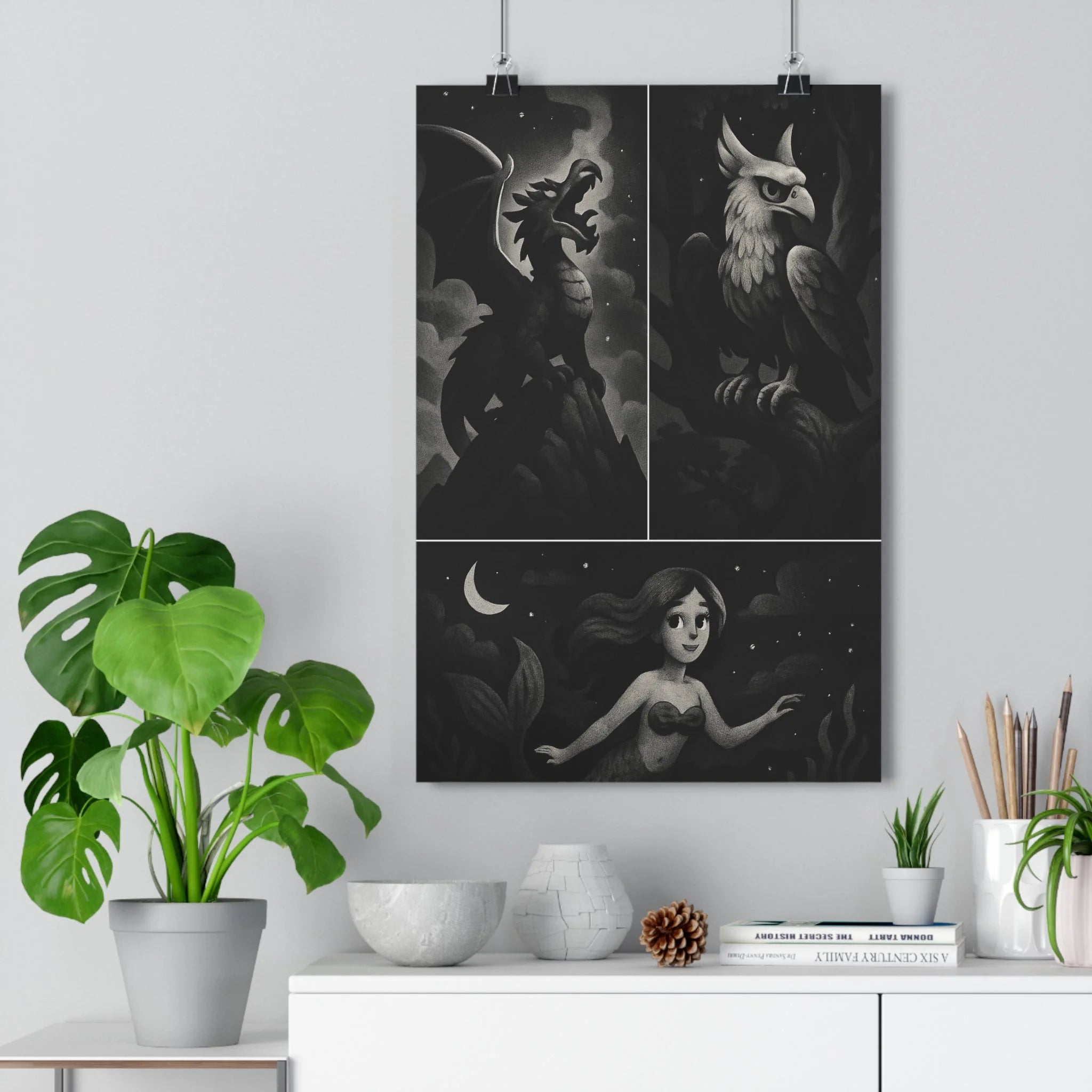 Poster décoratif noir blanc fantasy mystique salon chambre bureau art dragon griffon sirène tendance