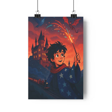 Poster sorcier baguette flamme manteau étoilés château doré dragon oiseau rouge noir ambre table livres plumes fleurs monstera magique fantastique