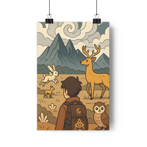 Poster paysage naturel montagnes nuages cerf lapin personnage dos cheval chouette rocher plantes fleurs couleur beige verte bleue style cartoon