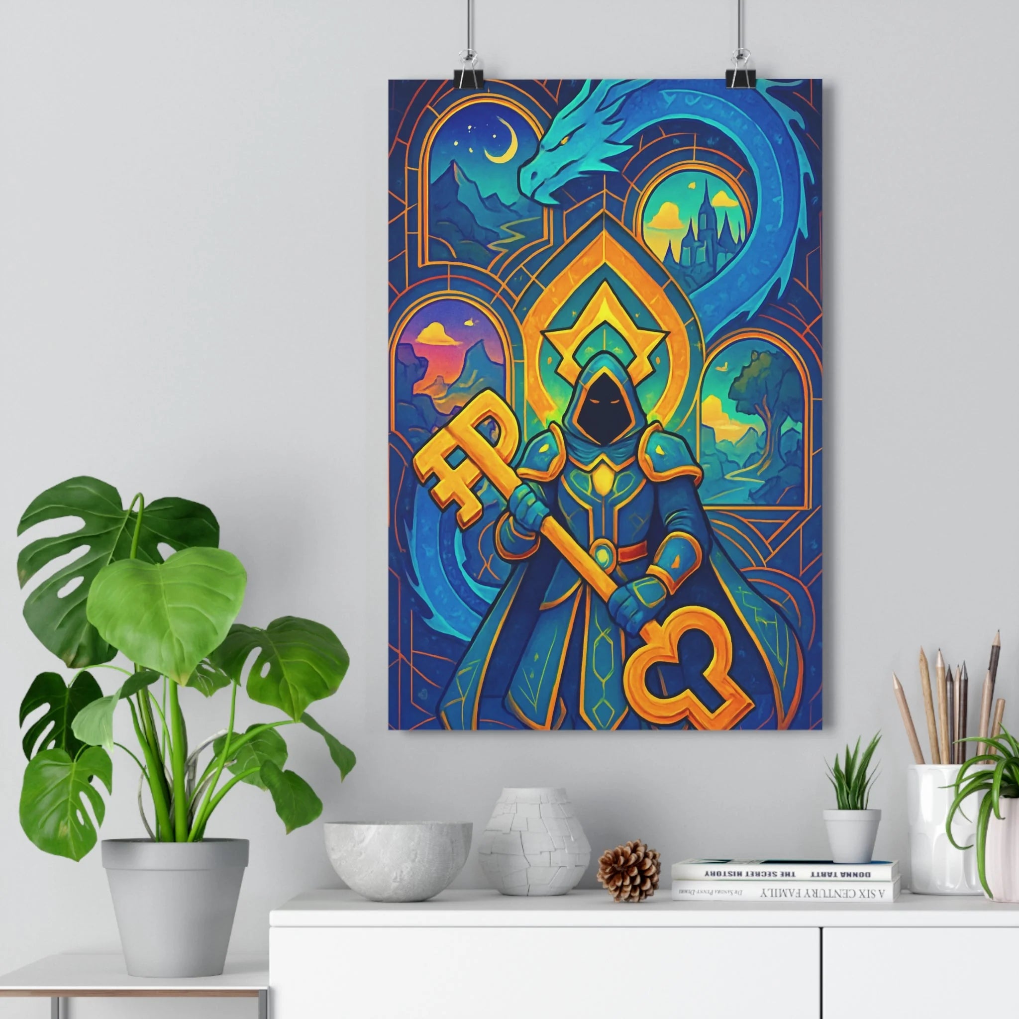 Poster décoratif fantastique épique mystique bleu doré salon bureau art dragon magique 30x46 qualité