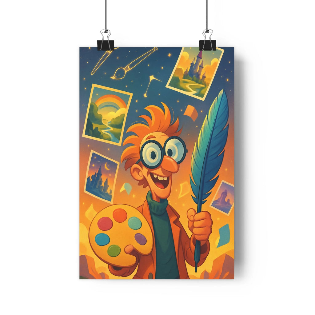 Poster joyeux artiste plume palette tableaux mur bleu jaune ambiance créative espace dessin bureau chambre