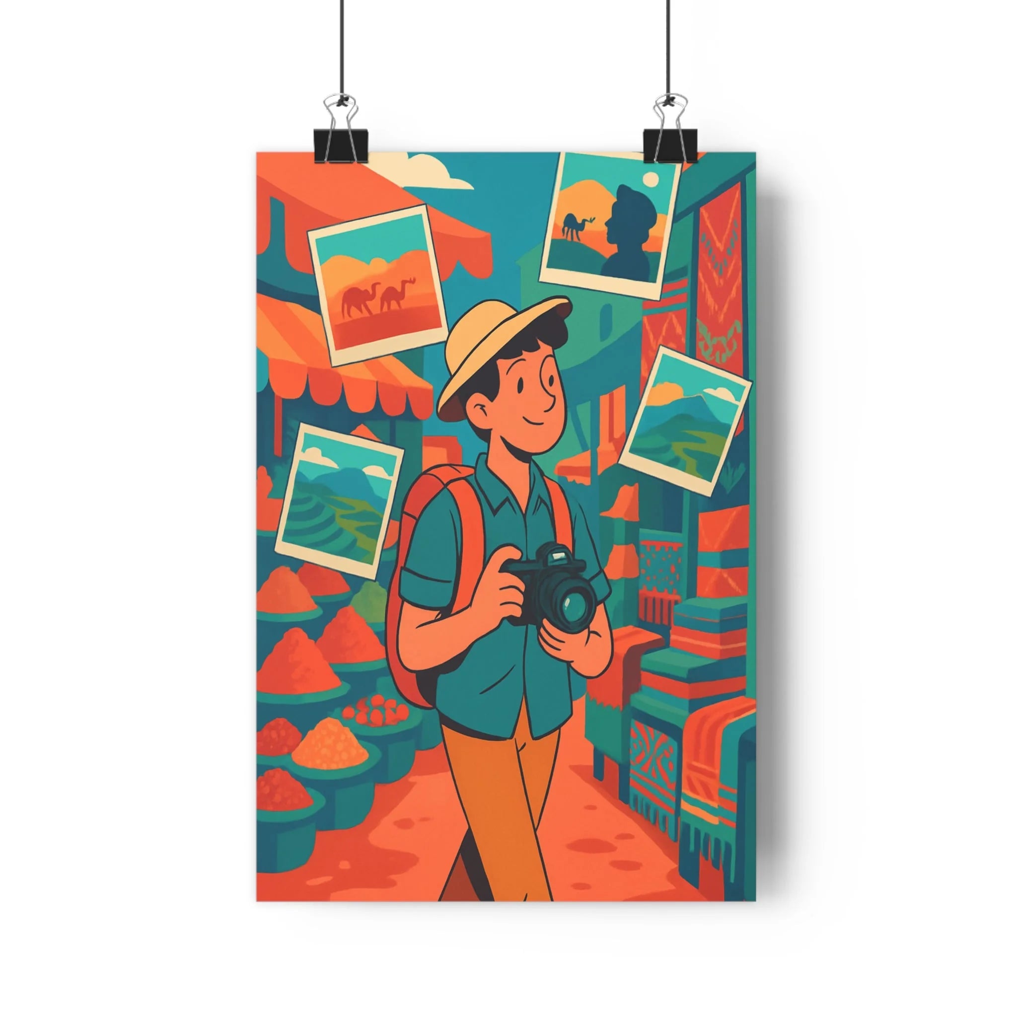 Poster décoratif aventure voyageur bleu orange vert joyeux exploration bureau style dynamique exotique moderne
