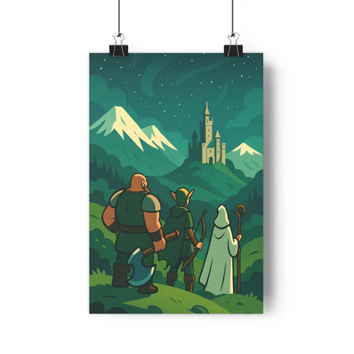 Poster épique aventuriers château étoiles forêt sombre montagnes neige ciel nuits vert bleu doré style cartoon ambiance mystérieuse chambre salon