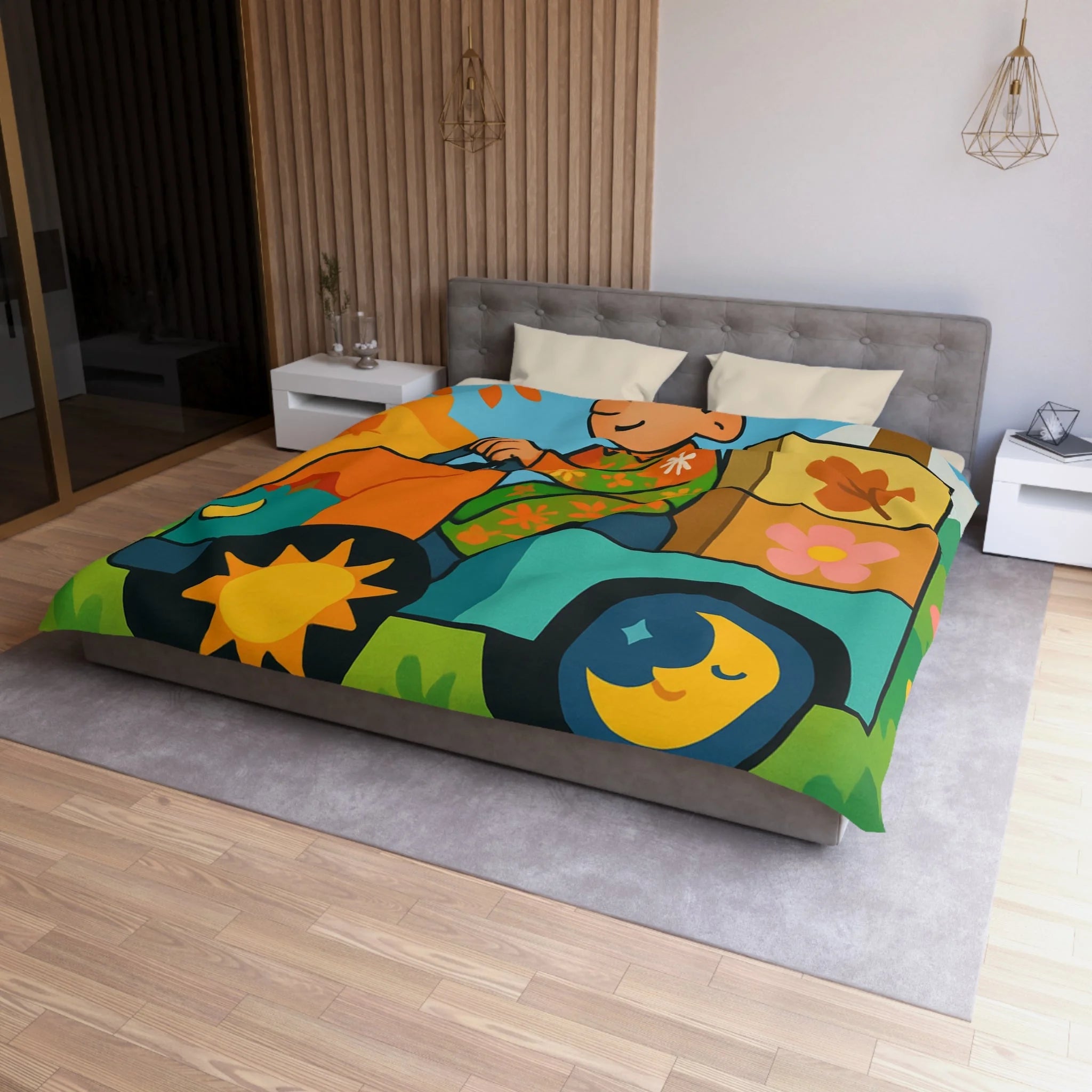 Housse de Couette Paisible Illustrant un Paysage Automnal avec Motifs Floraux et Naturels