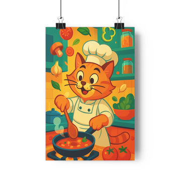 Poster chat cuisinier soupe casserole cuisine colorée tomates champignons oignons herbes vibrant vert rouge jaune cartoon joyeux convivial salon chambre