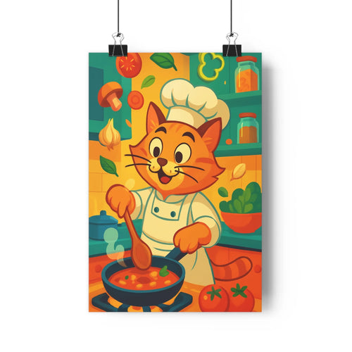 Poster chat cuisinier soupe casserole cuisine colorée tomates champignons oignons herbes vibrant vert rouge jaune cartoon joyeux convivial salon chambre