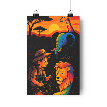 Poster explorateur safre elephan lion girafe arbres silhouettes couchant vibrant cartoon chaleureux magique nature