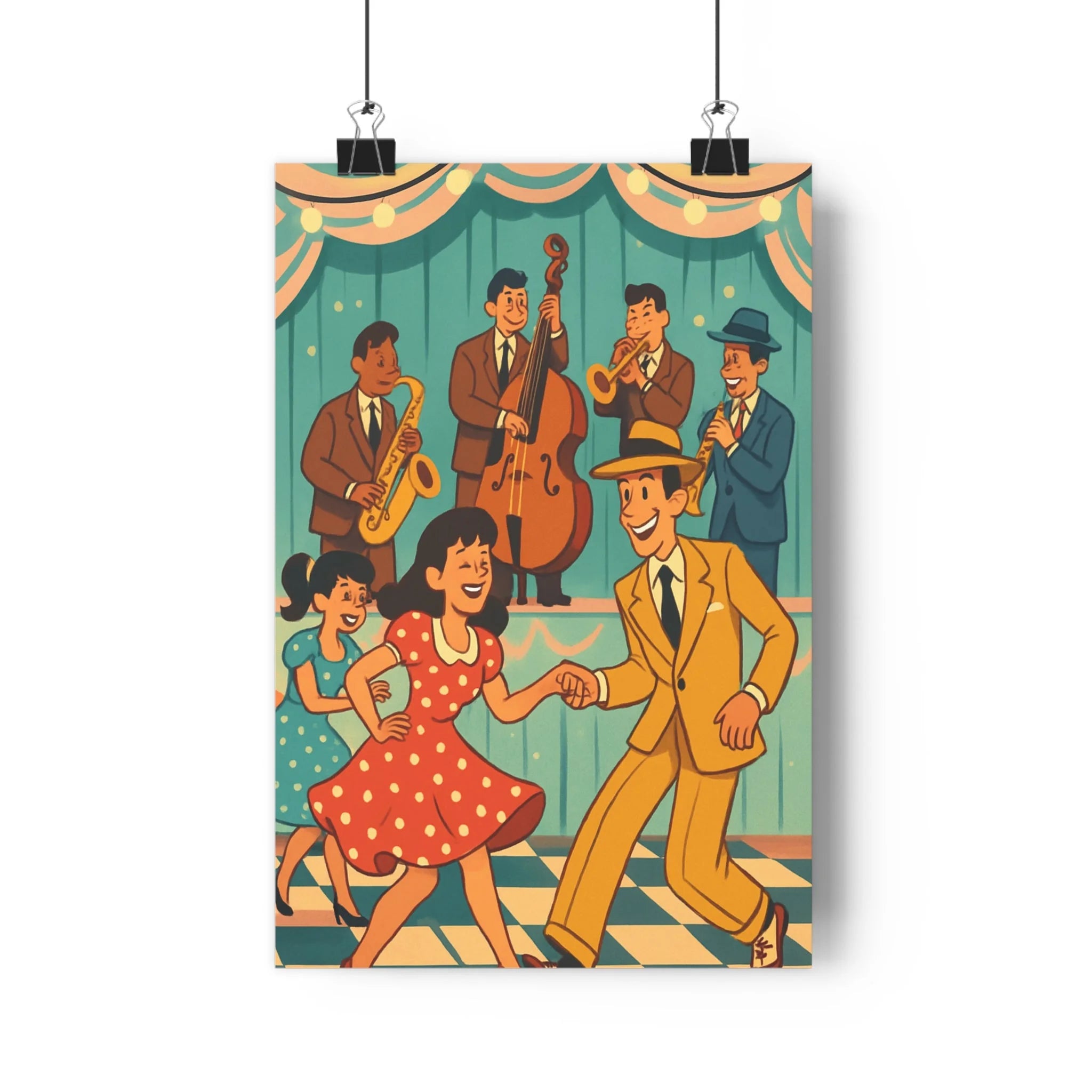 Poster décoratif vintage danse rétro bleu rouge jaune salon chambre ambiance festive élégant joyeux