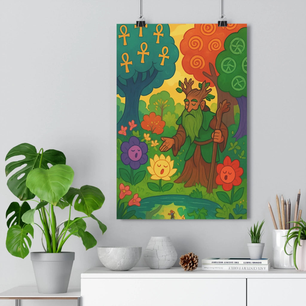 Poster décoratif mystique vert jaune salon chambre détente nature bohème poétique unique ambiance rêveuse