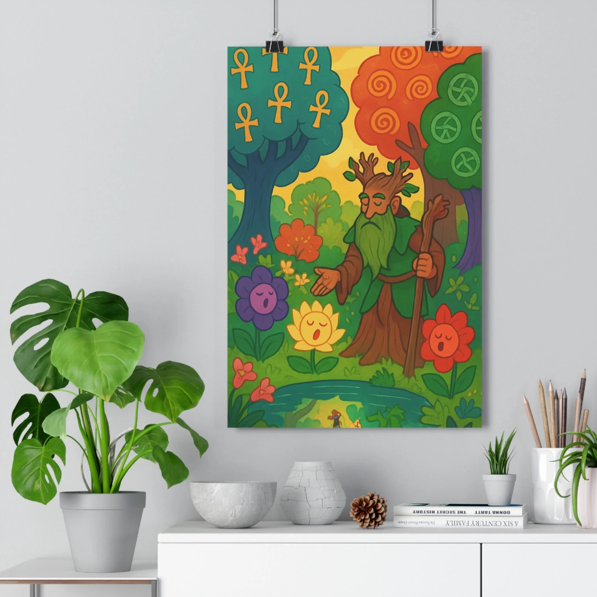 Poster décoratif mystique vert jaune salon chambre détente nature bohème poétique unique ambiance rêveuse