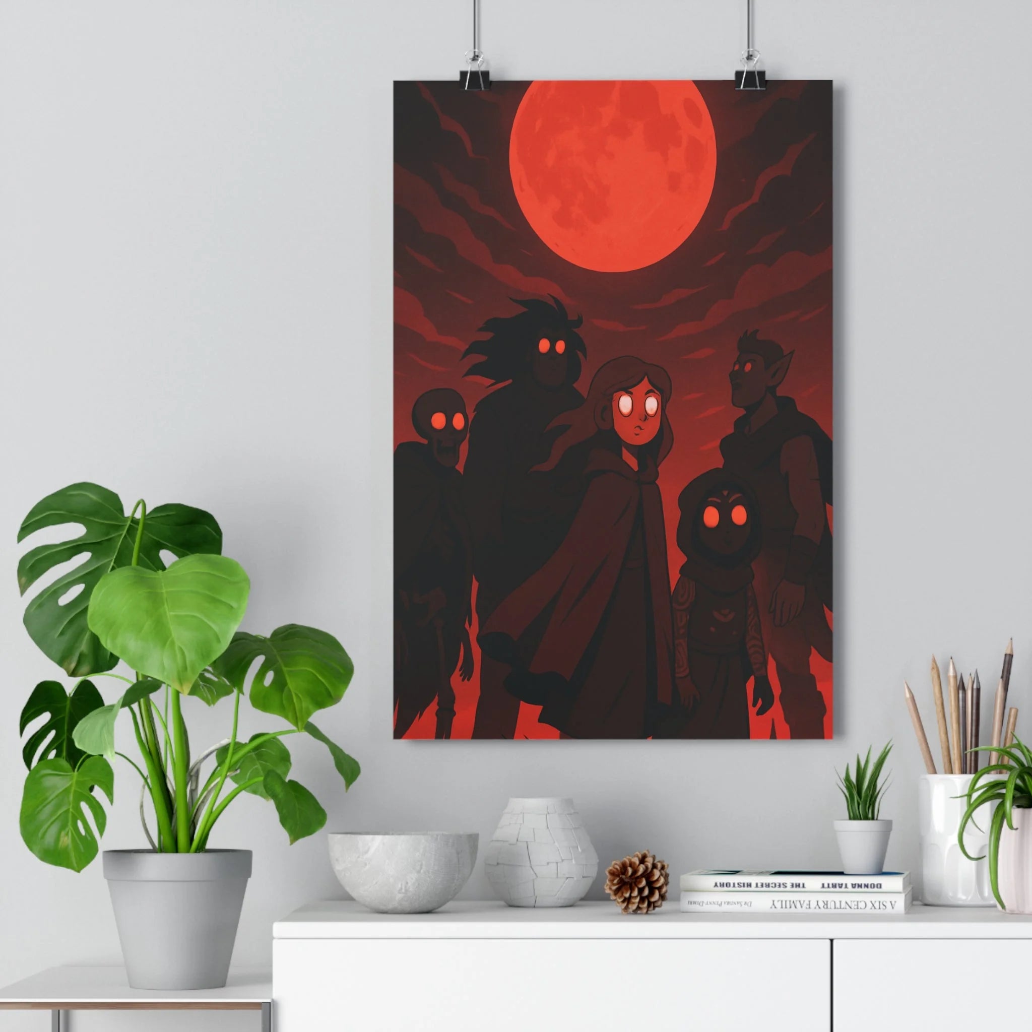 Poster décoratif dessin animé rouge noir mystique mystérieux salon chambre silhouettes intrigantes captivant design
