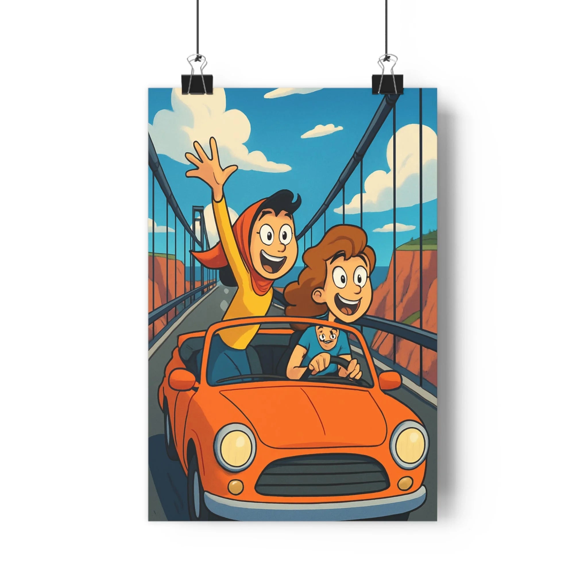 Poster décoratif cartoon joyeux voiture orange pont bleu salon enfant aventure dynamique vibrant qualité