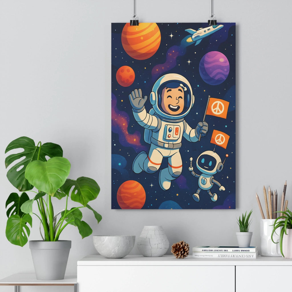 Poster décoratif cartoon orange violet aventure chambre enfant astronaute robot planètes étoiles 30x46 qualité