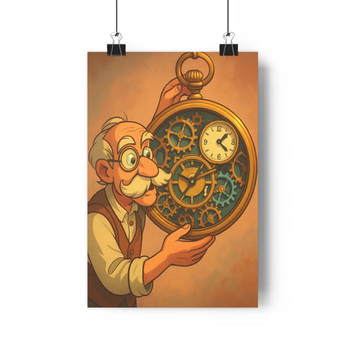 Poster vintage homme age montre complexe lunettes veste chemise tableau mur blanc pinces papier étagère livres vases pomme pin couleurs