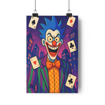 Poster clown joyeux cheveux bleus cartes jeu fond urbain nuit costumes colorés ombres douces style cartoon dynamique ludique salon moderne