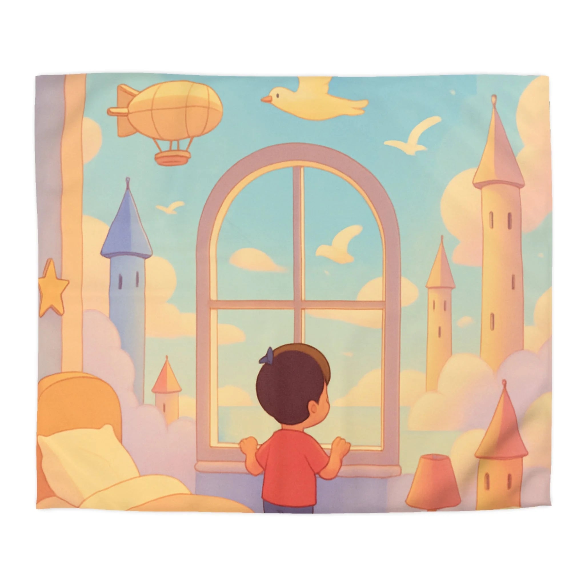 Housse de couette rêveuse enfantine avec nuages, dirigeables et oiseaux volants paisibles