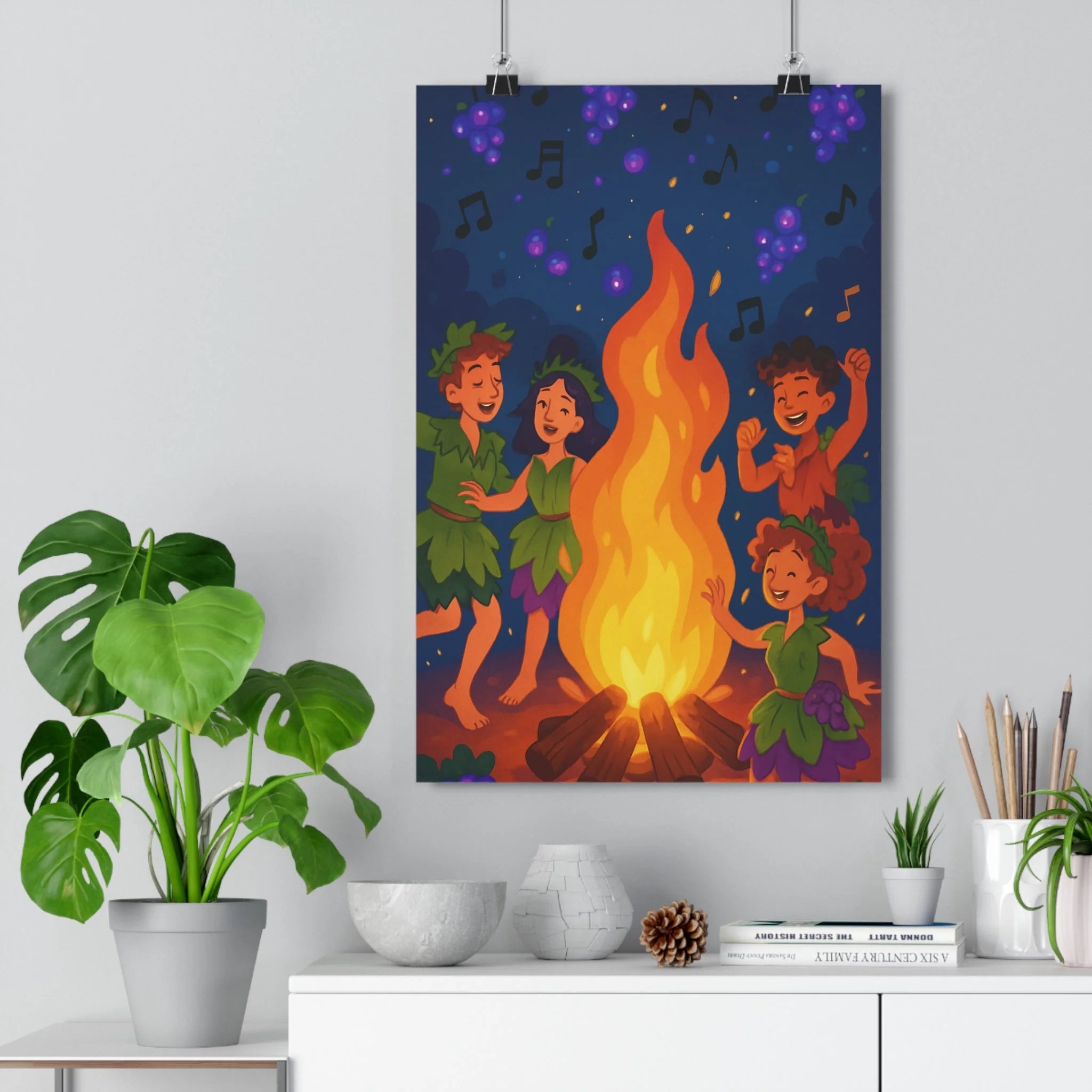 Poster décoratif scène festive bleu profond joyeux salon moderne qualité artistique ambiance intérieure élégante