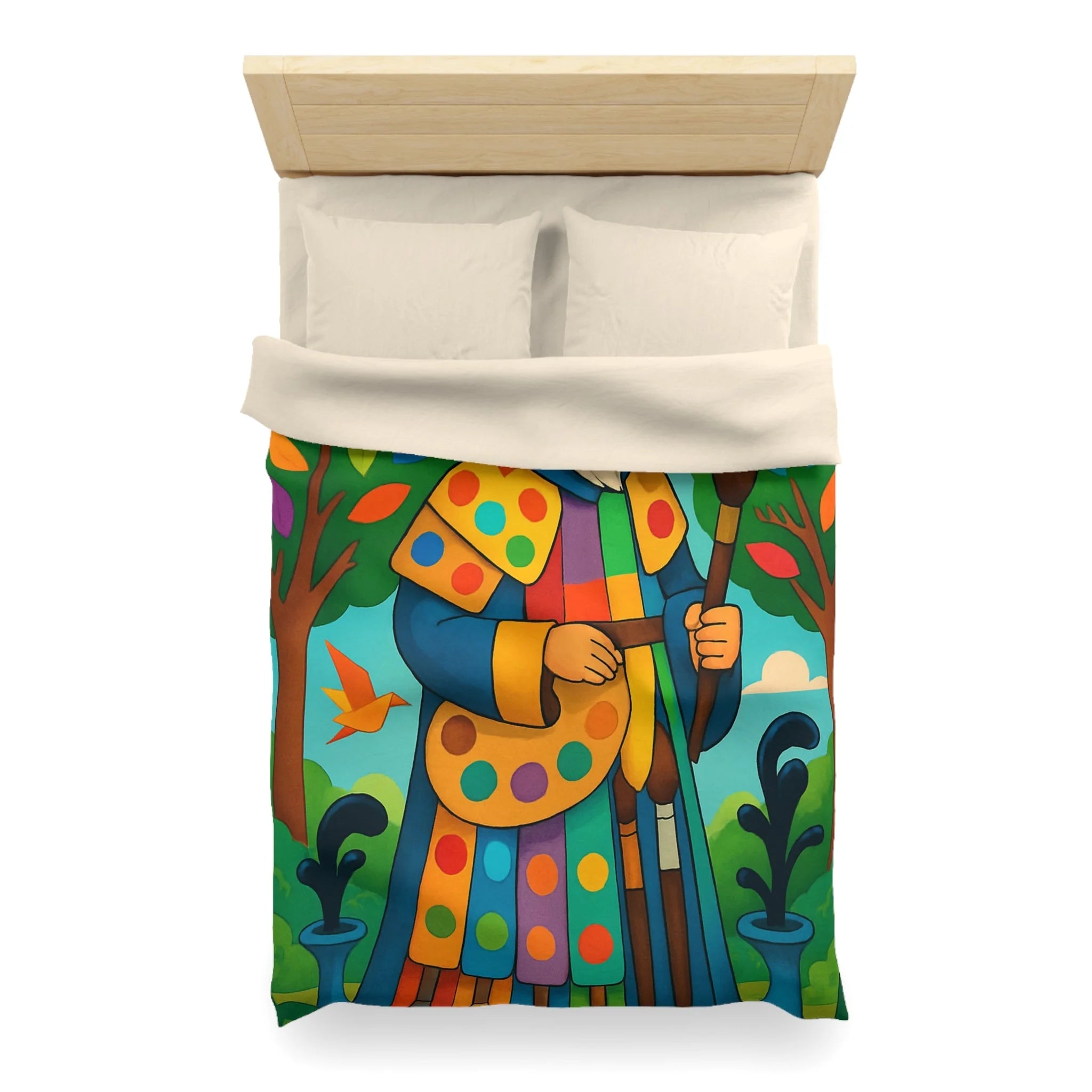 Housse de couette multicolore avec roi et oiseaux dans un jardin enchanteur